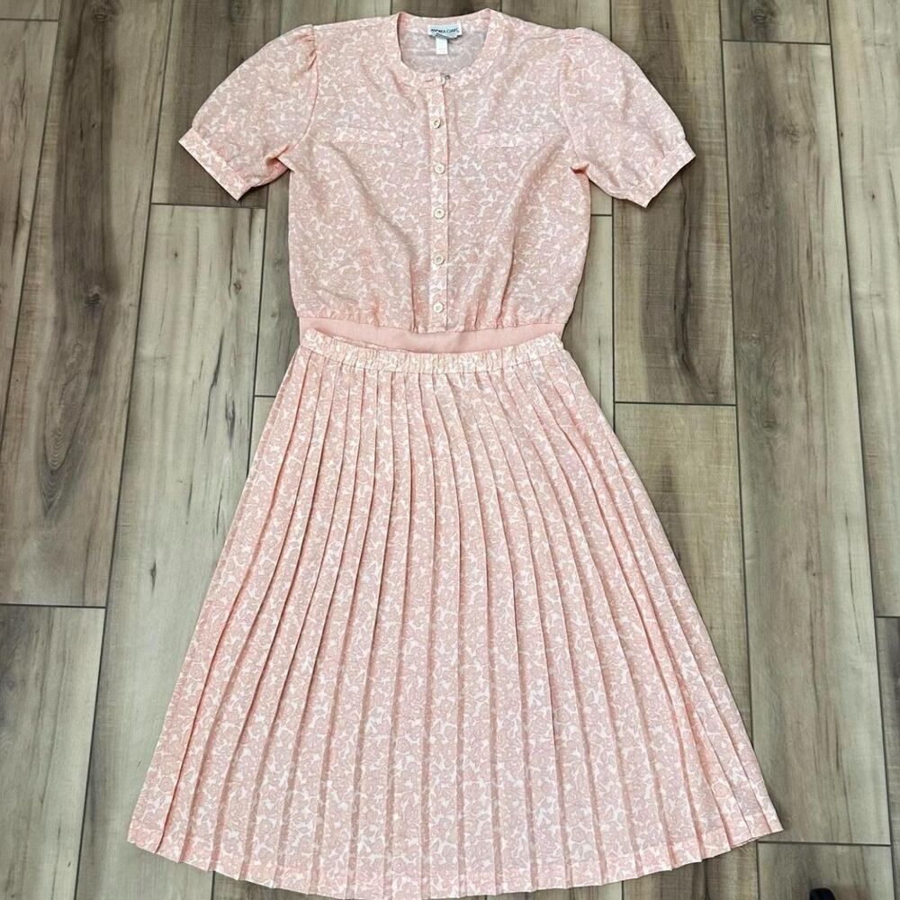 Vintage 80s Andrea Gayle Pink Floral 2 Piece Blouse Pleated Skirt Set size 10